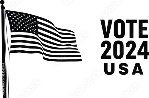 Vote 2024 usa with american flag waving in the wind black and white