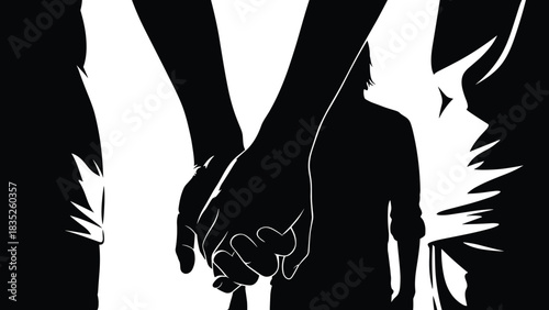 Clasped hands and observing figure silhouette illustration, emotional tension and unity concept vector, black and white graphic