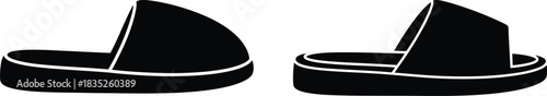 Simple black and white illustration of two slippers or sandals