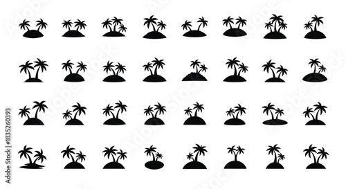Set of various black silhouette palm tree island icons white