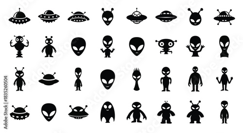 Collection of black and white alien and ufo icon set vector