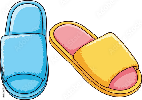 Cartoon illustration of blue and yellow slippers for home comfort