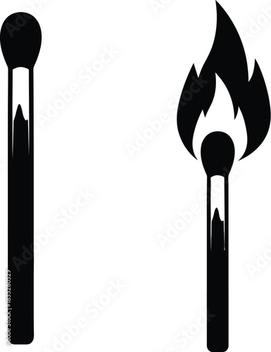 Unlit and lit matches a minimalist black and white illustration of fire
