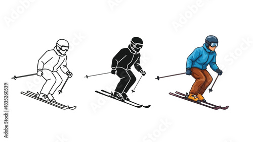 Set of three illustrations showing a skier in outline, silhouette and full color