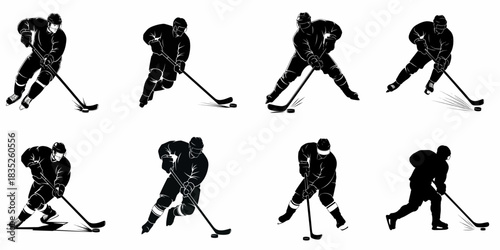 Eight black and white vector silhouettes of ice hockey players in action, demonstrating skating, shooting, and stickhandling skills on the rink.