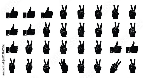 Collection of black silhouette hand gesture icons like thumb up and peace