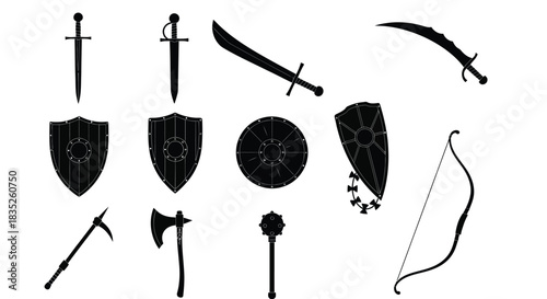 Collection of medieval weapon and armor silhouette icons