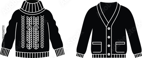 Two knitted sweaters turtleneck and cardigan black and white vector illustration