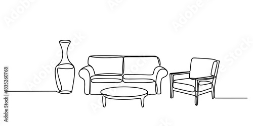 Continuous line drawing of a modern living room furniture set with sofa, armchair, coffee table, and decorative vase, minimalist art Vector, illustration
