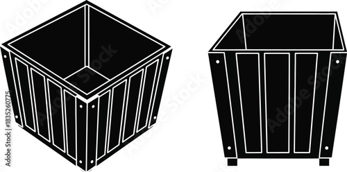 Two wooden planters in black and white line art illustration