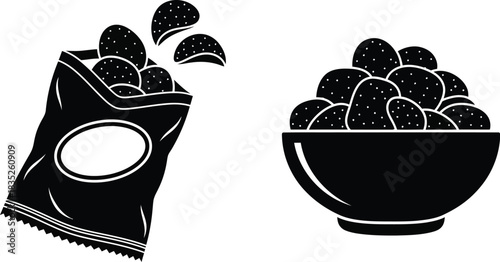 Black and white illustration of potato chips in bag and bowl
