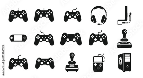 Collection of black and white video game controller and peripheral icons