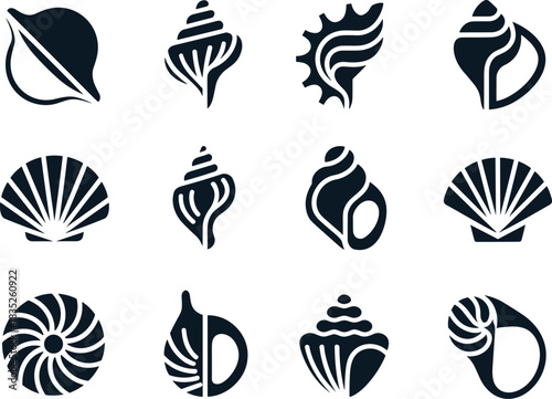 Abstract seashell vector icons set, modern minimal shell symbols, stylized ocean shell silhouettes, creative coastal marine shell graphics, elegant seashell logo collection