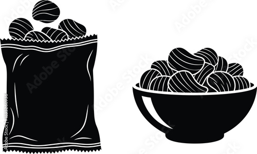 Crisp potato chips in bag and bowl black and white illustration