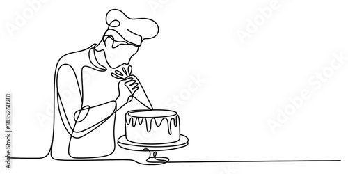 Minimalist one line drawing of a pastry chef in a uniform with a chef's hat, meticulously piping frosting onto a round celebration cake. Vector, illustration