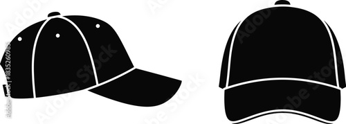 Two black baseball caps in silhouette side and front views on white