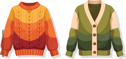 Two stylish knitted sweaters and cardigans in autumnal and earthy colors