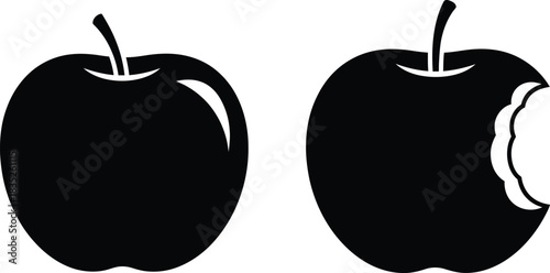 Two apples in black and white one whole one bitten