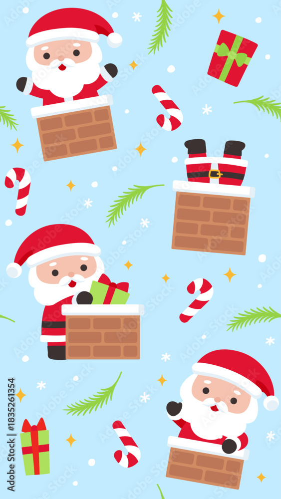Fototapeta premium Cheerful Christmas Seamless Pattern with Santa Climbing Chimneys Candy Canes Gift Boxes and Pine Branches on Light Blue Background