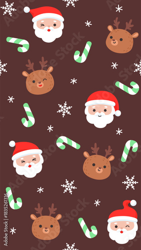 Cute Christmas Seamless Pattern with Santa Faces Reindeer Heads Candy Canes and Snowflakes on Brown Background
