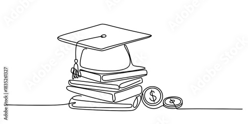 Continuous line drawing of a graduation cap on a stack of books with dollar coins, symbolizing educational investment and financial costs. Vector, illustration