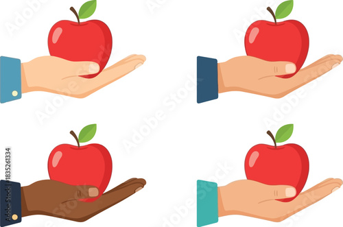 Diverse hands offering red apples health education and generosity