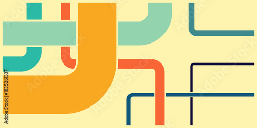 Colorful abstract geometric background with intertwined pipes and tubes, illustrating a concept of network infrastructure and communication flow