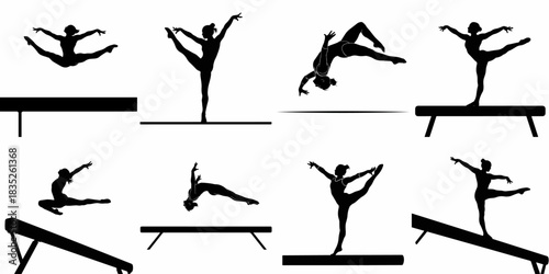 Set of female artistic gymnastics silhouettes, featuring acrobatic poses, dynamic jumps, flips, and static balance beam exercises on white background.