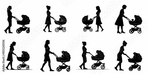 Eight black silhouettes of mothers walking and pushing baby prams, illustrating different styles of strollers and maternity figures.
