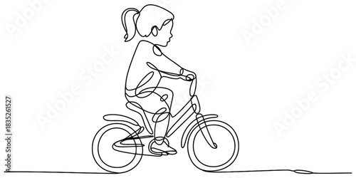 Single continuous line art drawing of a cheerful young girl with a ponytail riding a bicycle, embodying freedom, childhood fun, and simplicity. Vector, illustration