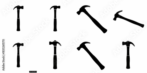 Set of eight claw hammer silhouettes. Black and white vector icons for carpentry, repair, construction, and handyman tools.