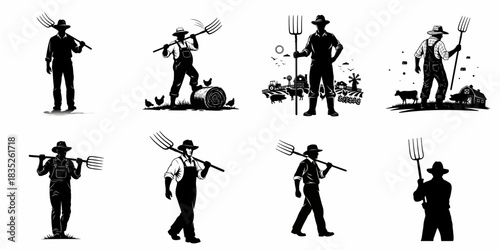 Diverse Farmer Silhouettes with Pitchforks: A Collection Representing Traditional Agricultural Labor and Rural Farming Life.