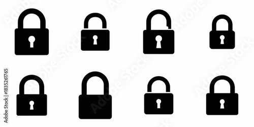 Black Padlock Icons Set: Collection of Vector Silhouettes Representing Security, Privacy, Lock, and Unlock Status for Digital Interfaces and Web Design.