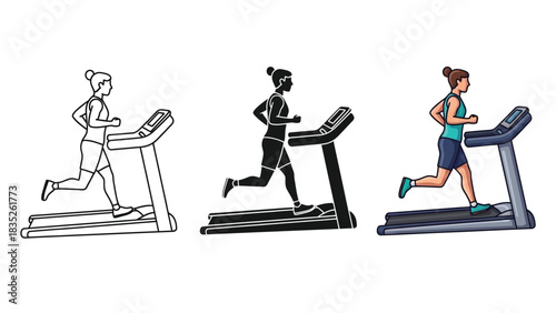 Set of three illustrations showing a woman running a treadmill in outline, silhouette and full color style