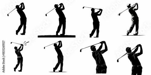 Eight Golf Player Silhouettes Set: Dynamic Vector Collection of Golfers in Full Swing Action, Isolated on White Background for Sports Design.