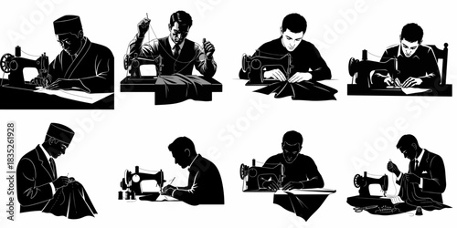 Set of 8 vector silhouettes featuring men engaged in professional tailoring, using vintage sewing machines and hand-stitching techniques.