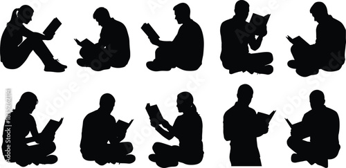 Reading, posture, silhouette, gesture, sit, book, cross-legged, lean, relax, study, pose, setup, education, habit, vector, black, character, themed, flavector, identity
