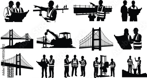 Bridge, construction, civil, engineering, silhouette, posture, gesture, blueprint, worker, helmet, machinery, excavator, infrastructure, teamwork, vector, black, pose, setup, site, flavector