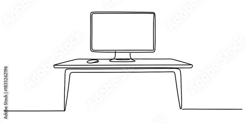 Continuous line art drawing of a minimalist desktop computer setup, featuring a monitor and mouse on a modern office desk, ideal for tech. Vector, illustration