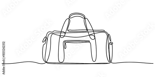 Continuous line drawing of a duffel bag, gym bag, or travel luggage. simple minimalist one line art concept for sport, fitness, journey, and vacation. Vector, illustration