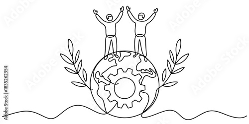Continuous line drawing of two people celebrating on a globe with a gear and leaves, symbolizing global cooperation and environmental progress. Vector, illustration