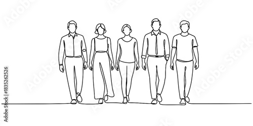 Continuous line art illustration of five diverse people walking forward in a row, representing unity, collaboration, and collective progress. Vector, illustration