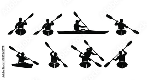Silhouette illustrations of kayakers and canoes in various paddling positions