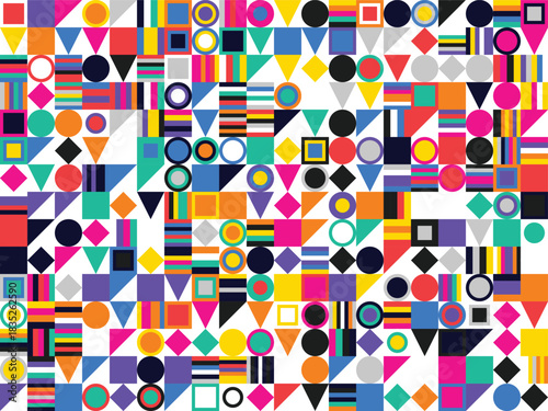 Vibrant abstract maximalist geometric shapes seamless vector pattern background