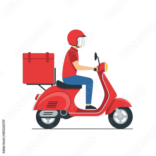 a food delivery courier riding a red scooter