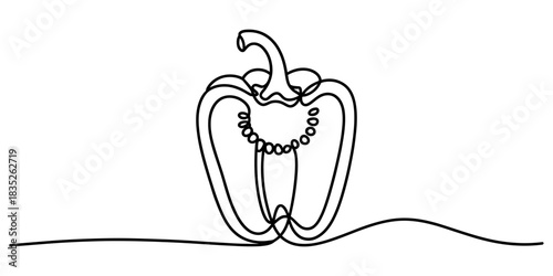 Single continuous line art drawing of a fresh bell pepper, cut in half to reveal its interior and seeds, a simple minimalist design element. Vector, illustration