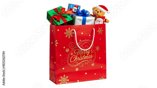Red christmas gift bag filled with presents and teddy bear isolated on transparent background