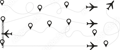 Airplane Flight Route Vector with Dotted Line Path, Travel Map Navigation Pins and Jet Silhouette Icons for Tourism, Journey Planning, Aviation Infographic Design