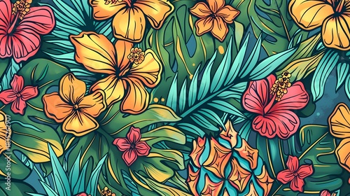 Vibrant tropical floral and fruit pattern with a rich color palette. Exotic Summer Background.