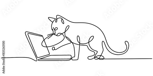 Continuous line drawing of a curious cat interacting with an open laptop, symbolizing pet companionship and modern digital life. Vector, illustration